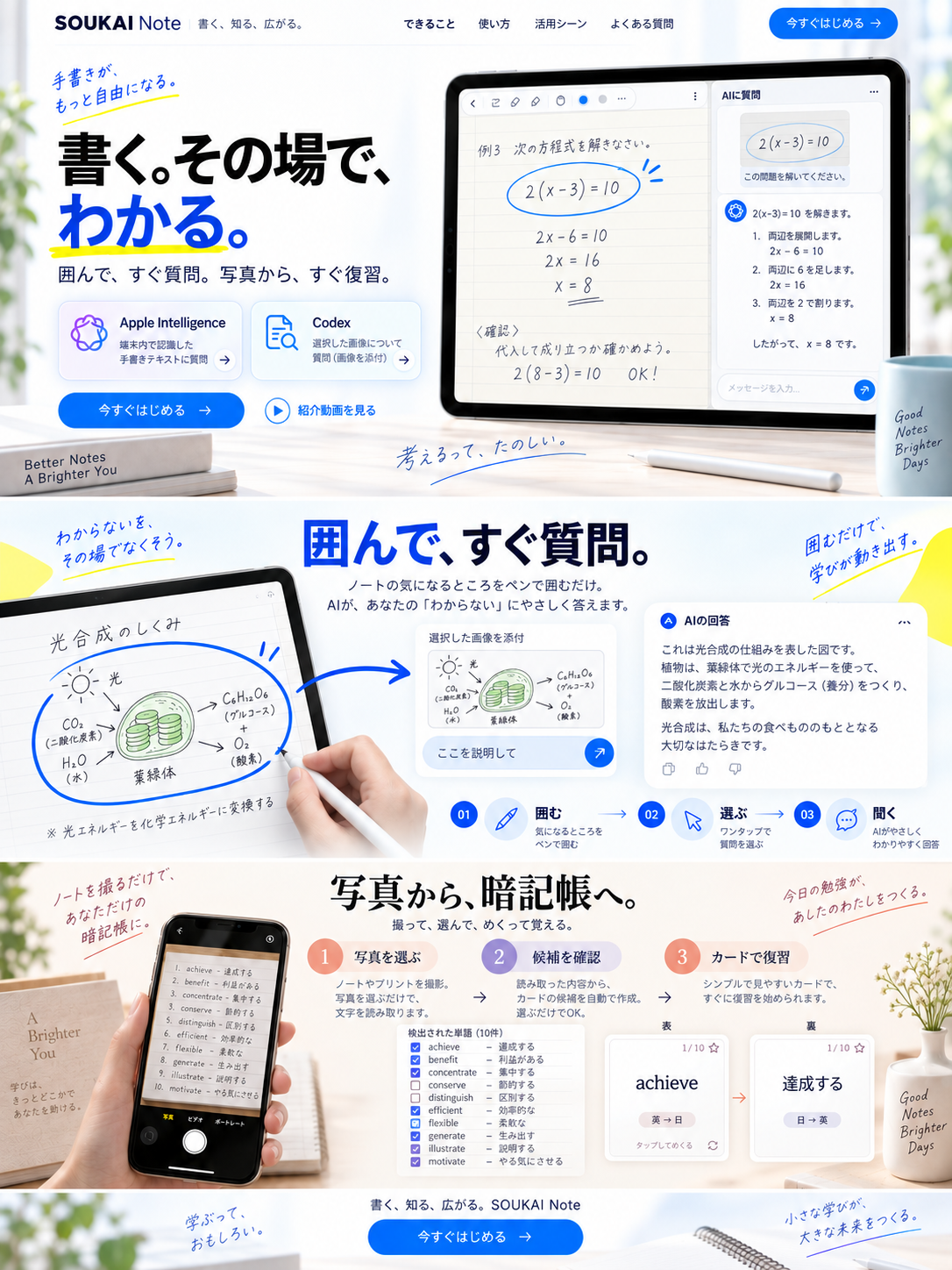 手書きの方程式を青いペンで囲み、横のAIパネルで解き方を確認するSOUKAI Noteのイメージ